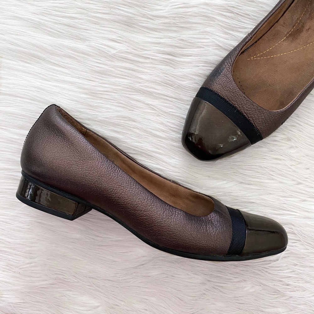 Clark Brown Bronze Leather Cap Toe Kitten Heel Pumps